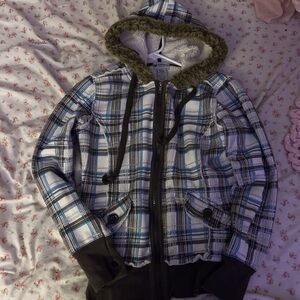 Self Esteem Black and Blue Plaid Puffer Jacket
